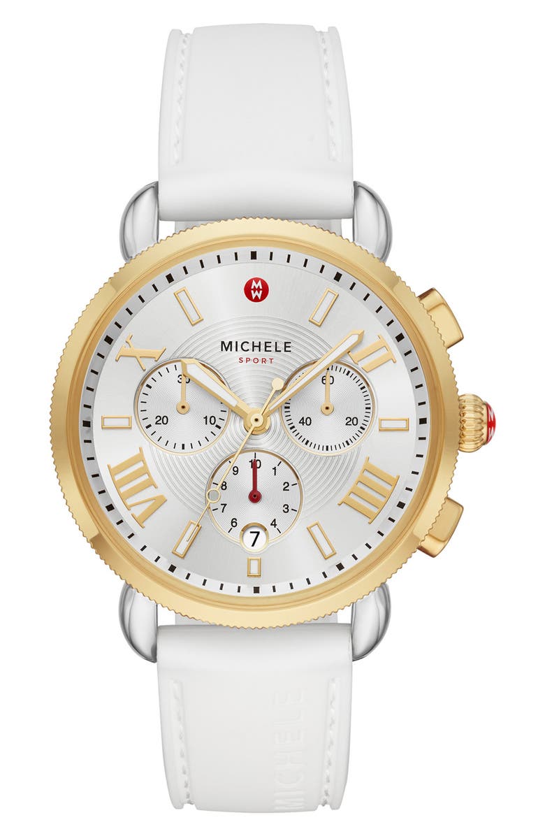 MICHELE Sport Sail Chronograph Watch Head with Silicone Strap, 38mm, Main, color, White
