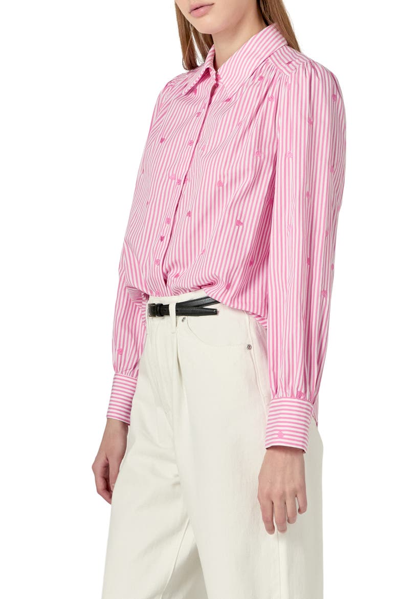 Heart Embroidery Stripe Cotton Button-Up Shirt, Alternate, color, PINK/ WHITE