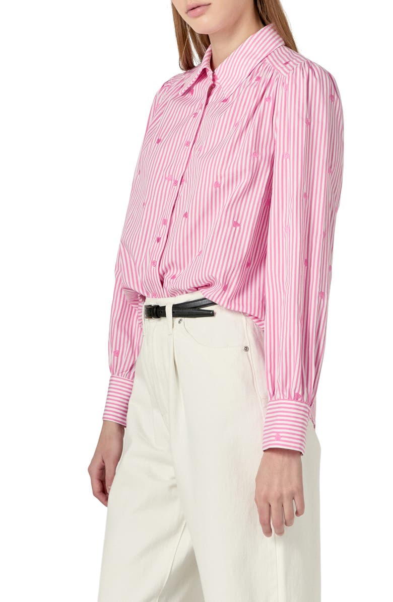 English Factory Heart Embroidery Stripe Cotton Button-Up Shirt, Alternate, color, Pink/ White