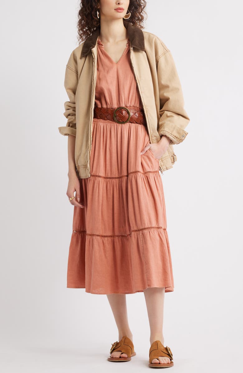 Treasure & Bond Ladder Stitch Accent Linen Blend Tiered Minidress, Alternate, color, Pink Desert