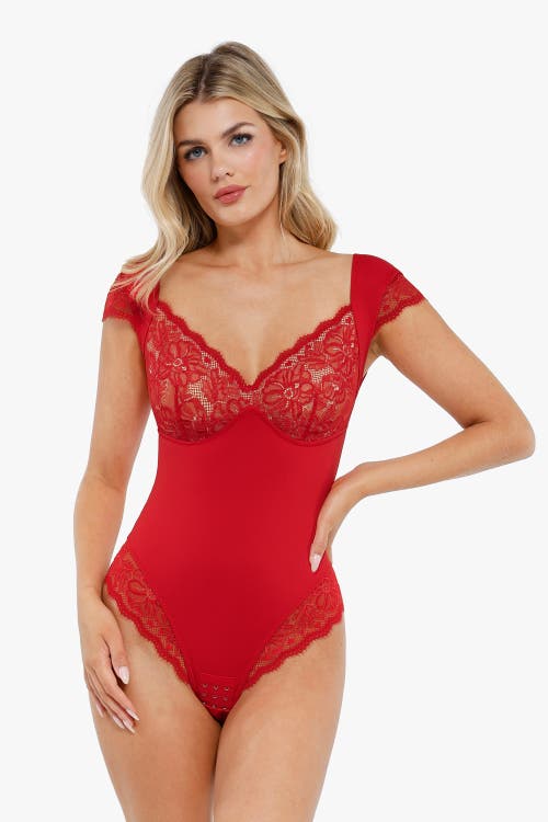 Popilush Shapewear Cap Sleeve Slimming Lace Cup Bodysuit In Cherry Red