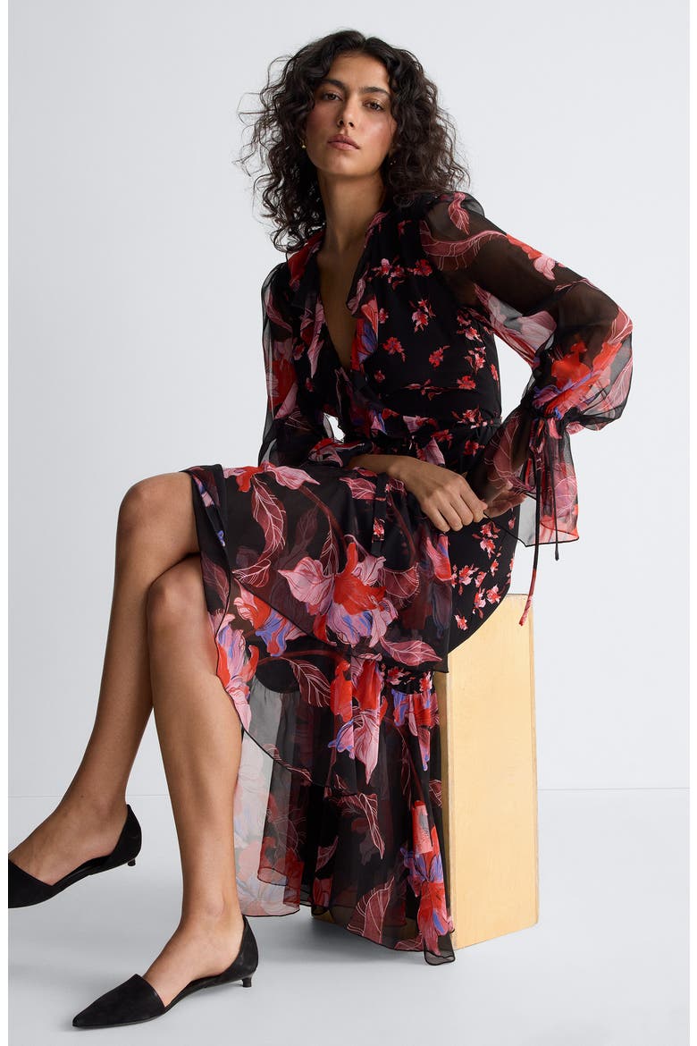 Thena Ruffle Wrap Dress, Alternate, color, IRIS FALLS MINI/ MID BLACK