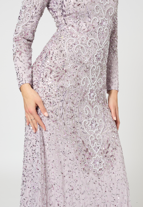 Maryisa Modest Embellished Sequin Beaded Maxi Dress With Trail