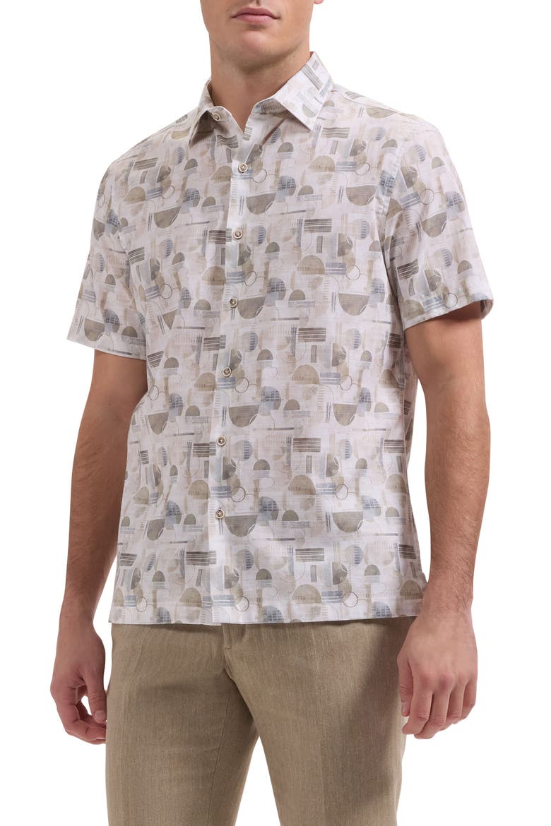 Vero Shaped Fit Geometric Print Short Sleeve Button-Up Shirt, Main, color, KHAKI