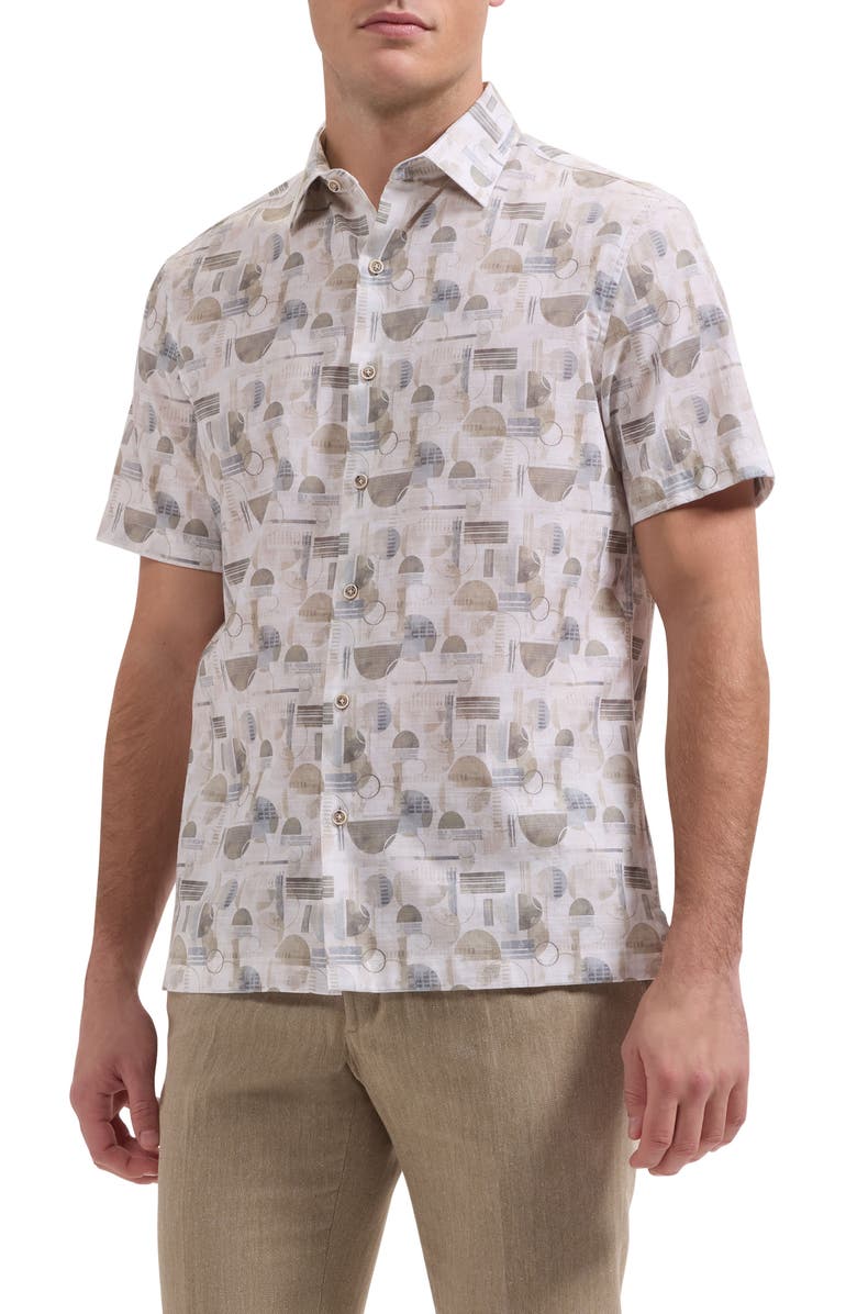 Bugatchi Vero Shaped Fit Geometric Print Short Sleeve Button-Up Shirt, Main, color, Khaki