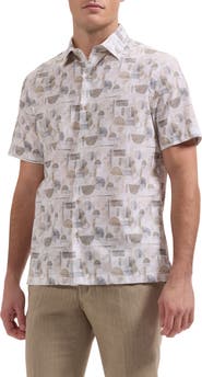 Bugatchi Vero Shaped Fit Geometric Print Short Sleeve Button-Up Shirt