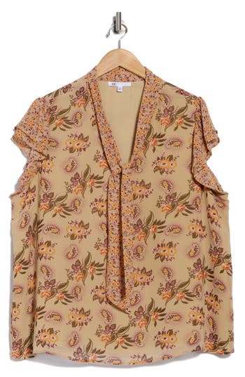Dr2 By Daniel Rainn Floral Tie Neck Cap Sleeve Top In Brown