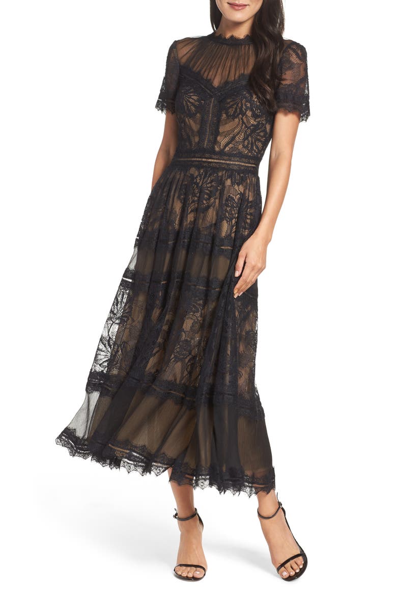 Lace Midi Dress, Main, color, BLACK/ NUDE