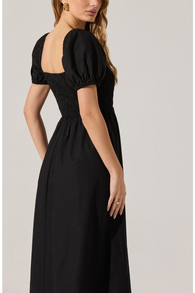 Bow Detail Smock Bodice Cotton Blend Dress, Alternate, color, BLACK