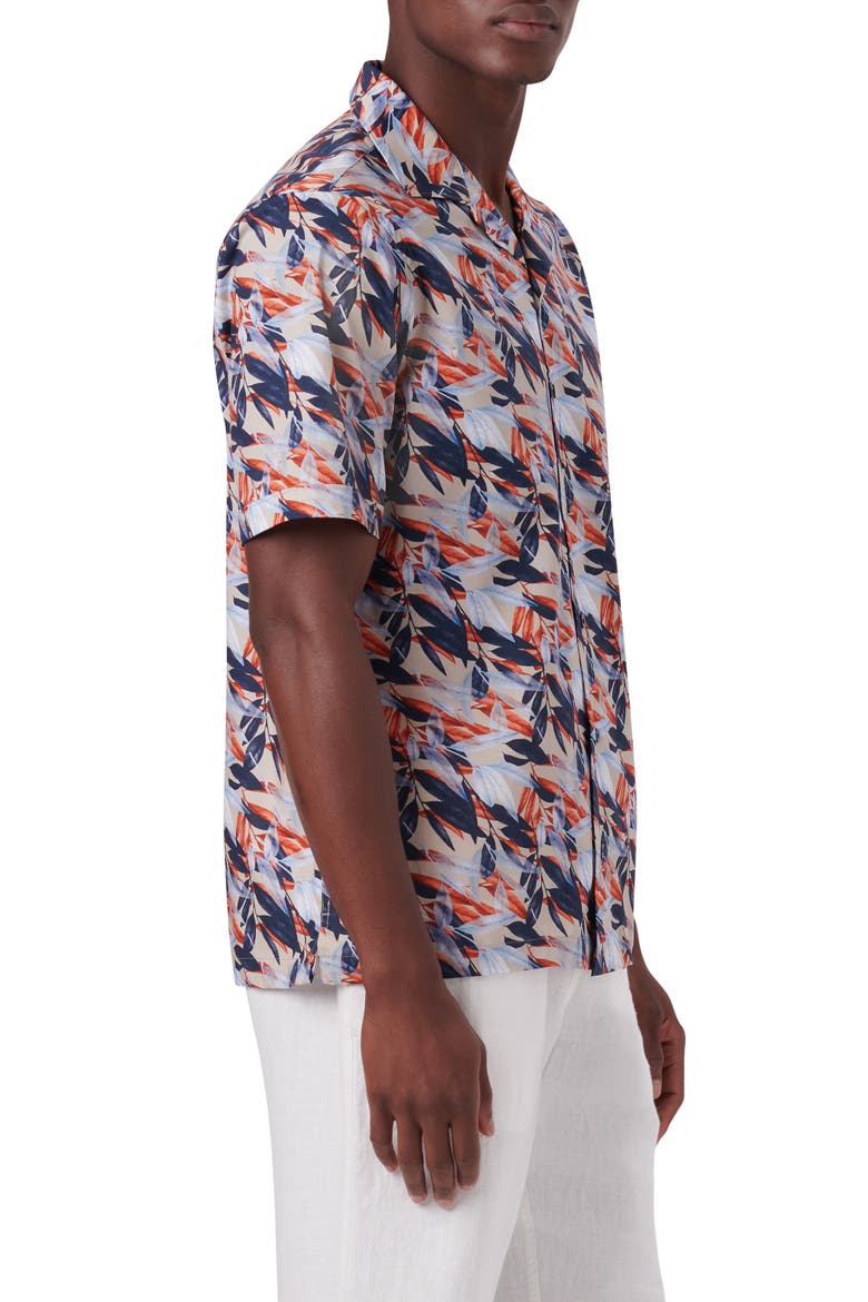 Leaf Print Short Sleeve Stretch Cotton Button-Up Shirt, Alternate, color, STONE