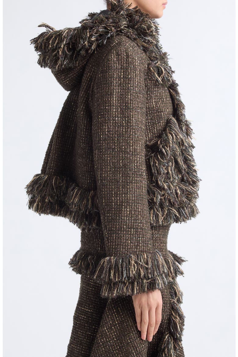 Fringe Wool Blend Tweed Hooded Jacket, Alternate, color, BROWN