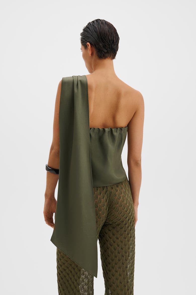 Neija Brooch Detailed One Shoulder Top, Alternate, color, Dusty Olive