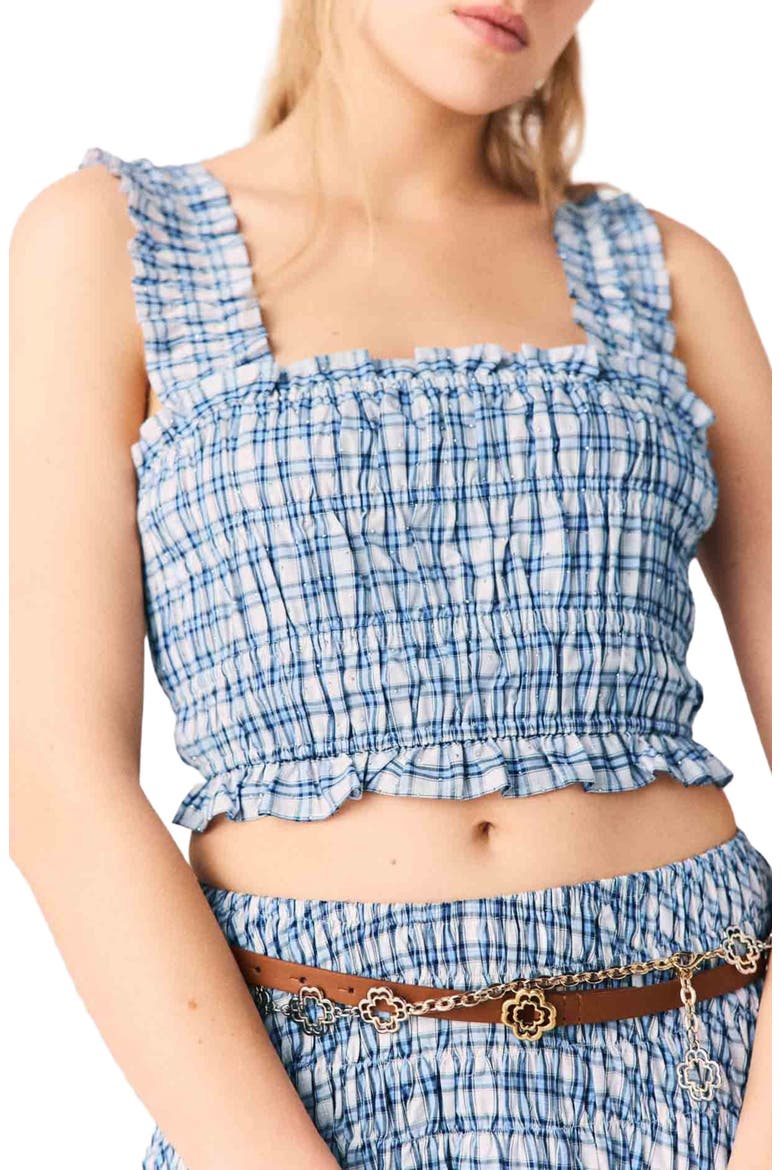 Smocked rhinestone cotton top, Alternate, color, Blue check print