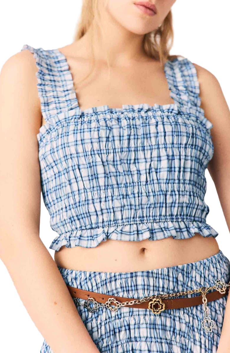 maje Smocked rhinestone cotton top, Alternate, color, Blue Check Print