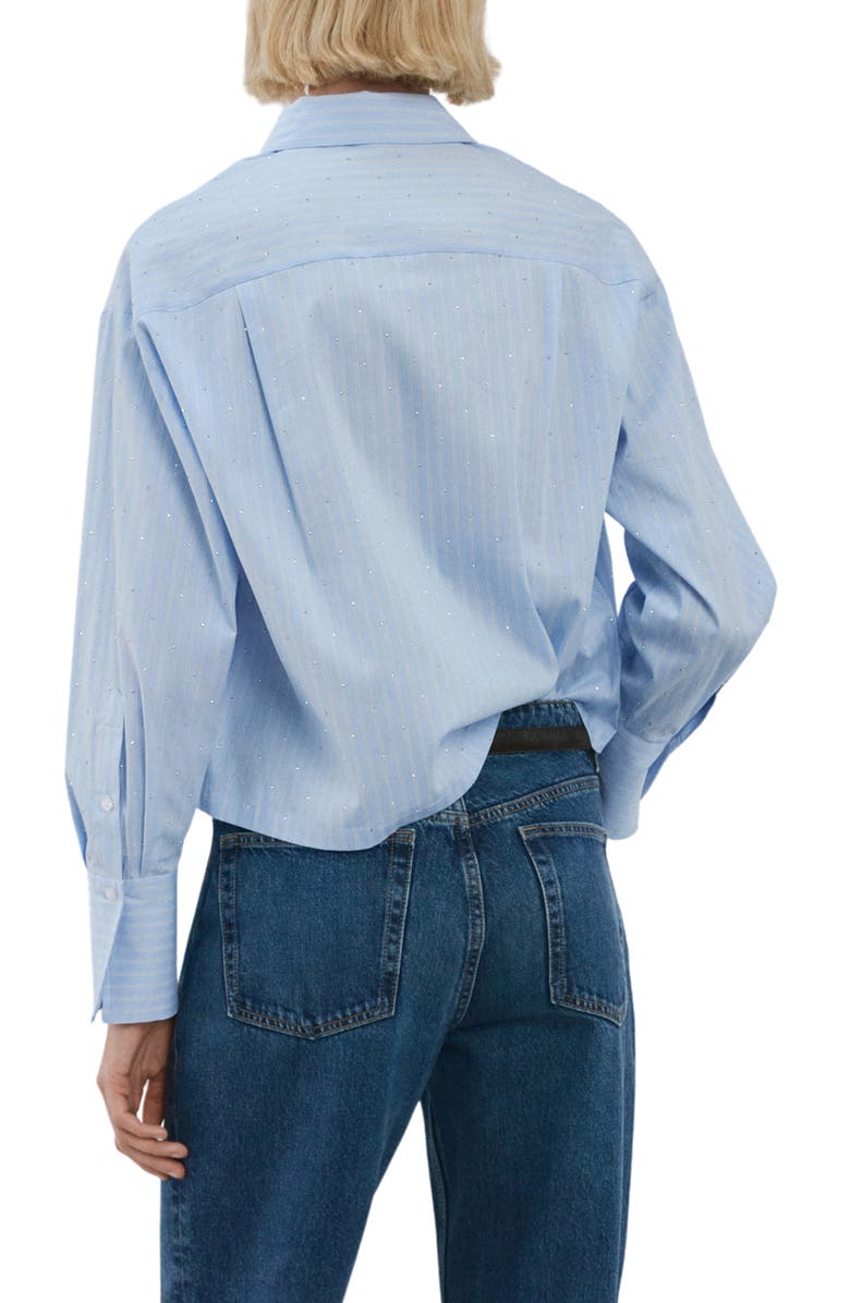 MANGO Rhinestone Detail Stripe Cotton Blend Button-Up Shirt, Alternate, color, Sky Blue
