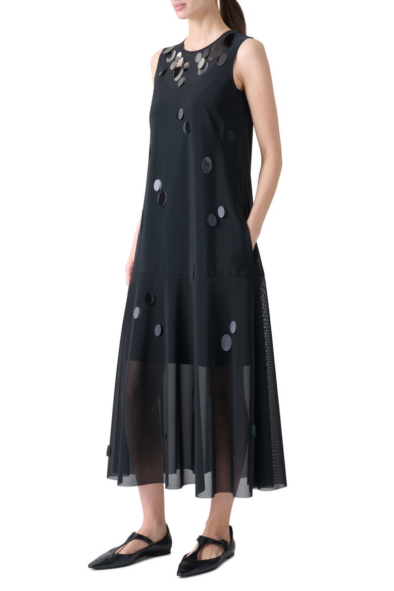 Paillette Detail Techno Tulle Midi Dress, Alternate, color, BLACK
