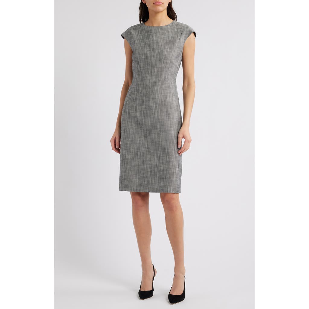 Hugo Boss Cap Sleeve Wool Sheath Dress In Monochrome Sharkskin