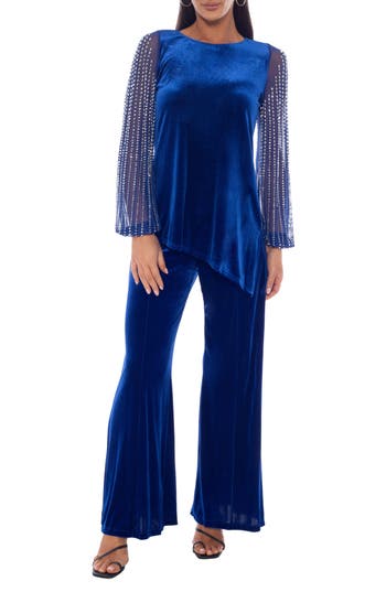 Marina Velvet Embellished Sleeve Top & Flare Pants Set In Blue