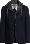 Jack Victor Wolsey Navy Rib Knit Wool Sport Coat with Removable Hooded Bib