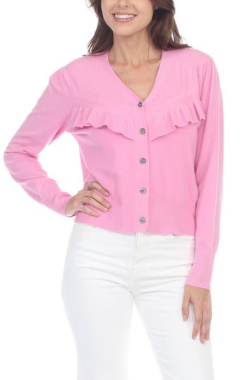 Rain And Rose Ruffle Front Cardigan In Pink