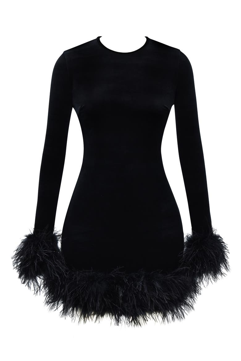 Lavinia Feather Trim Long Sleeve Velvet Minidress, Alternate, color, BLACK