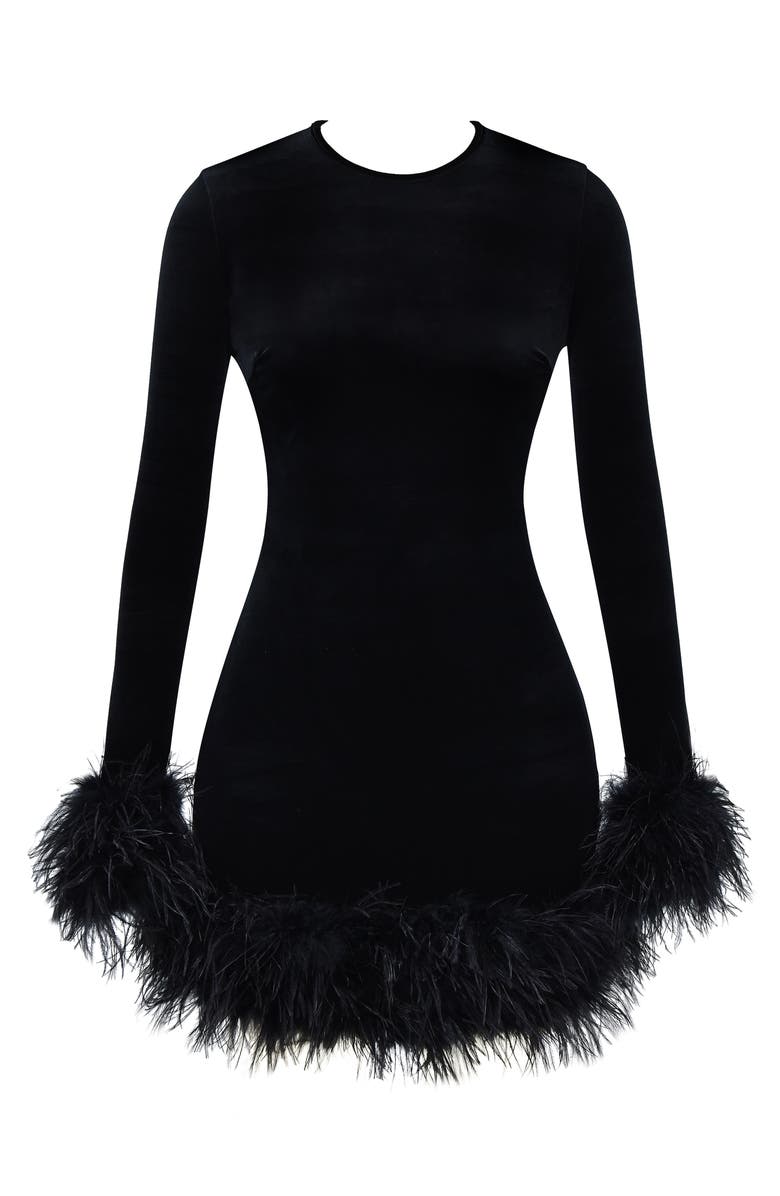 HOUSE OF CB Lavinia Feather Trim Long Sleeve Velvet Minidress, Alternate, color, Black