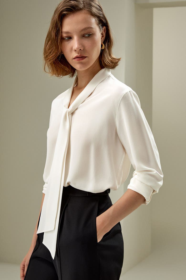 Women's Silk Bowtie Blouse, Alternate, color, Natural White