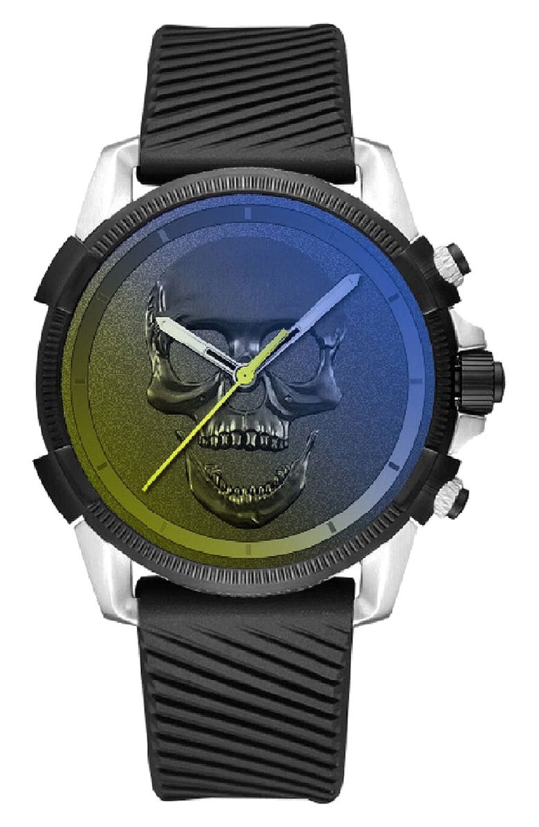 Ed Hardy Skull Quartz Silicone Strap Watch, 48mm, Main, color, Black