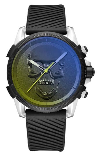Ed Hardy Skull Quartz Silicone Strap Watch, 48mm In Black