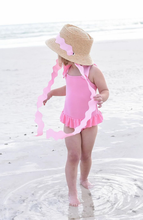 Bits & Bows Straw Scalloped Ribbon Harbor Hat In Pink