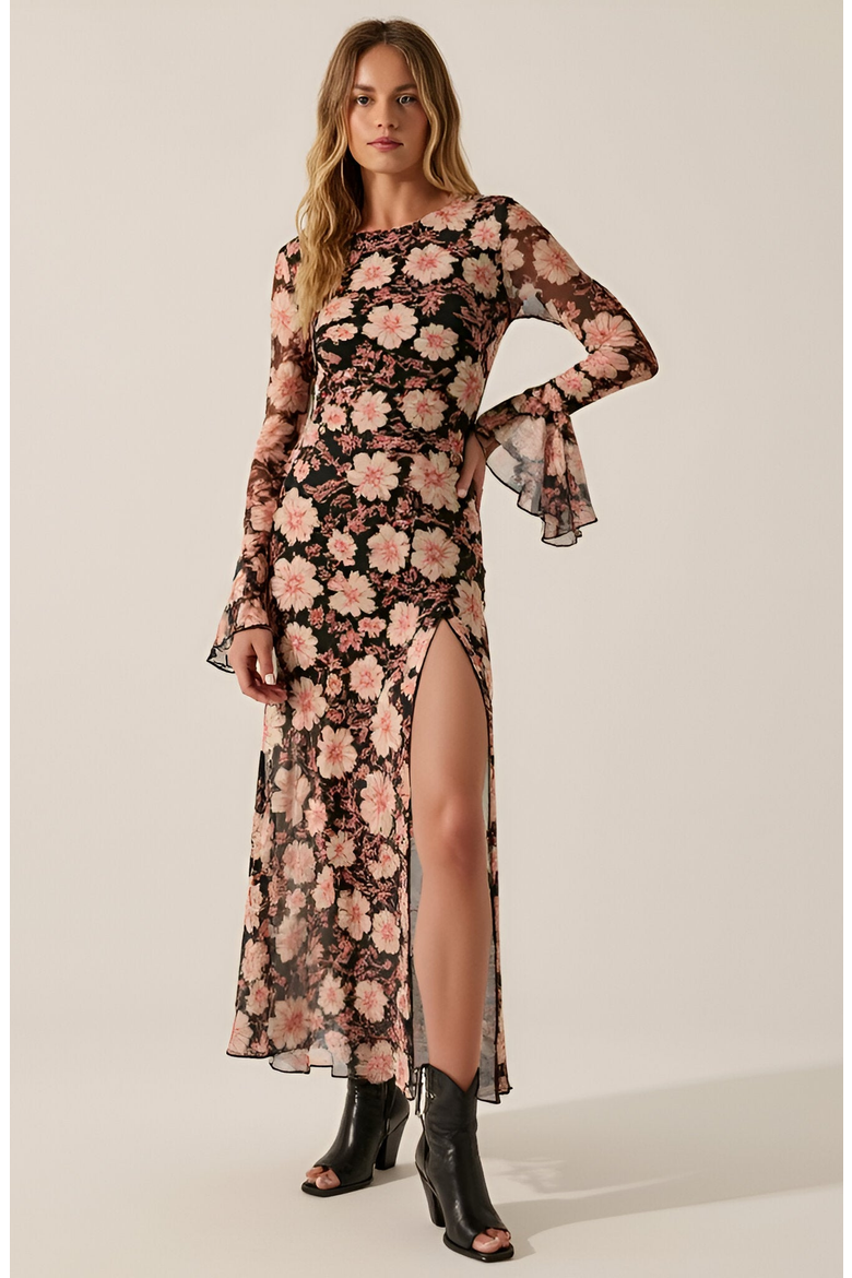 Floral Mesh Maxi Dress with Trumpet Sleeves, Drop Waist and Asymmetrical Slit Skirt, Main, color, Floral Mesh