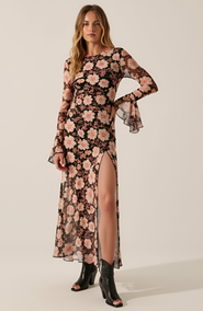 Modenaire Floral Mesh Maxi Dress with Trumpet Sleeves, Drop Waist and Asymmetrical Slit Skirt
