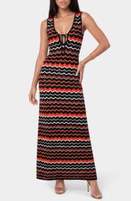 bebe Striped Crochet V-Neck Maxi Dress