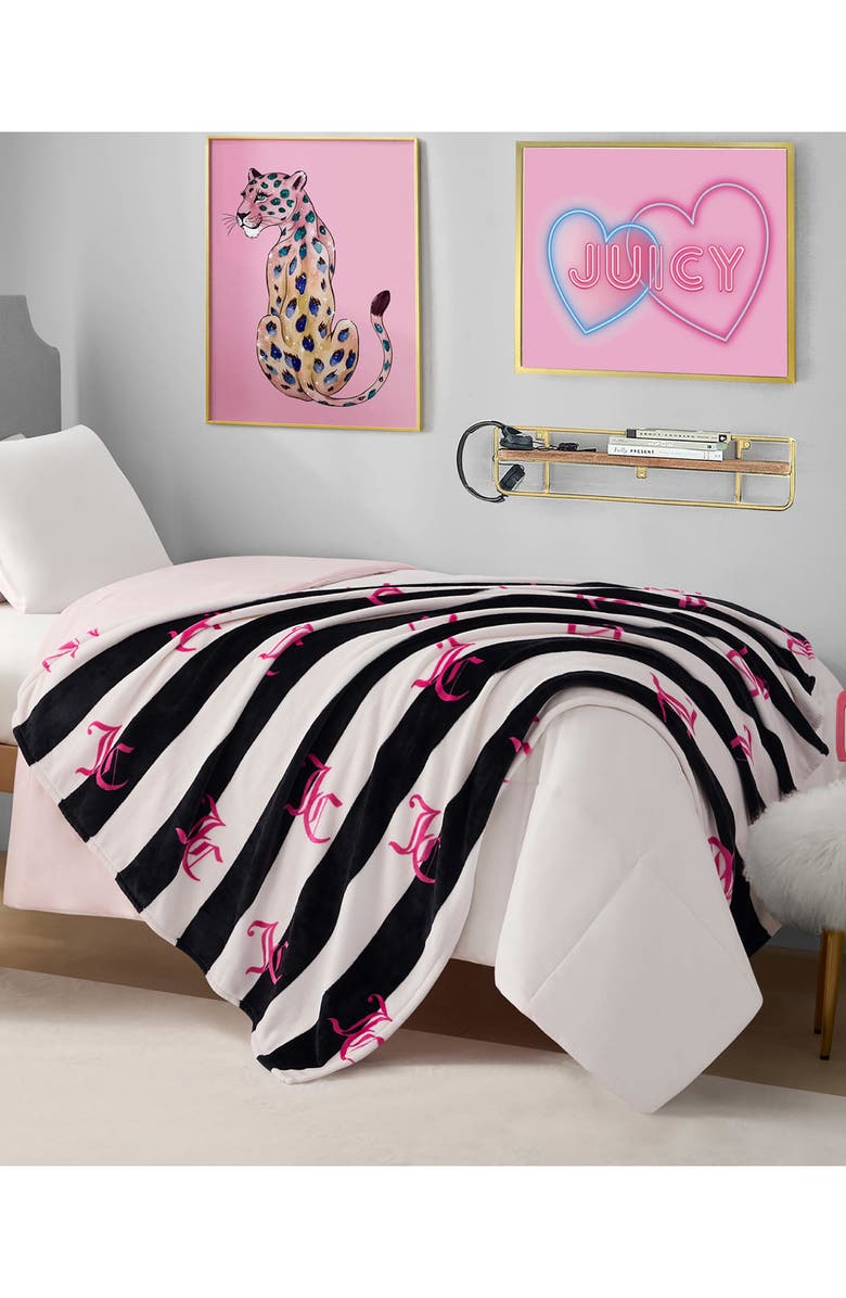 Juicy Couture Cabana Hot Plush Throw Blanket, Alternate, color, Black
