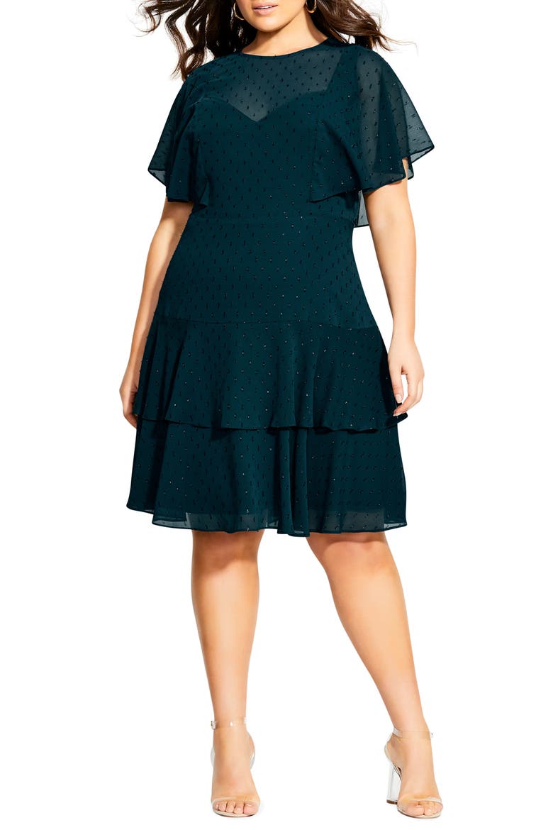 Metallic Textured Dot Ruffle Dress, Main, color, EMERALD