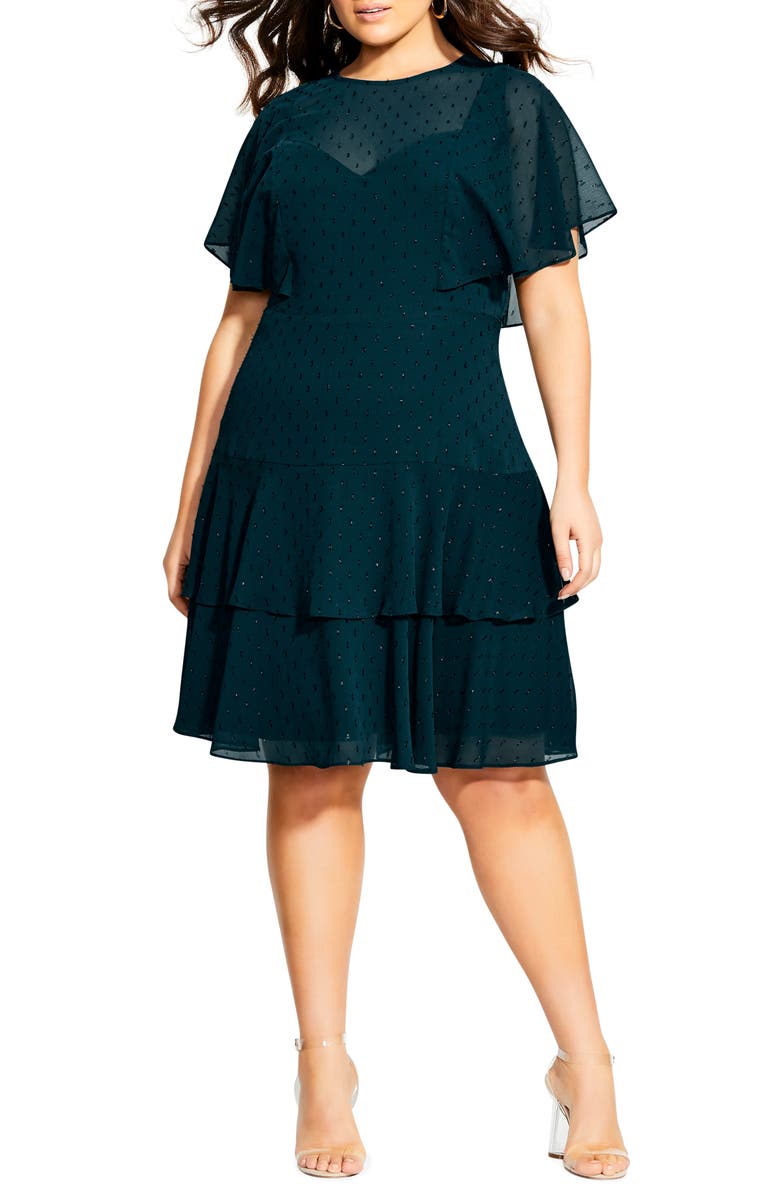 City Chic Metallic Textured Dot Ruffle Dress, Main, color, 