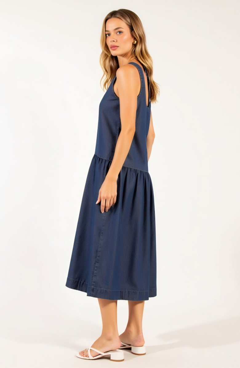 Modenaire Sleeveless Drop-Waist Gathered Relaxed-Fit Midi Dress, Alternate, color, Blue