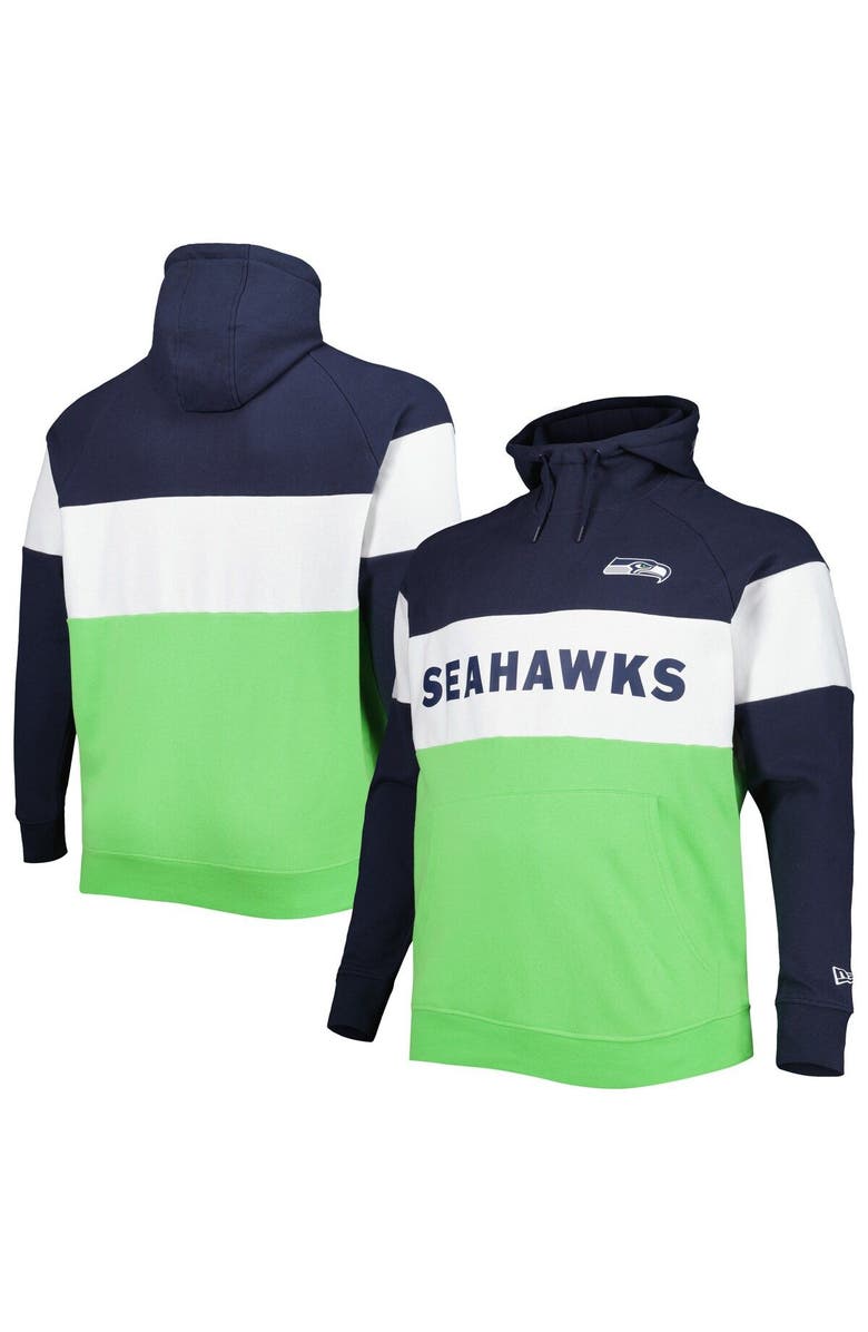 New Era Men's New Era College Navy/Neon Green Seattle Seahawks Big & Tall Current Team Colorblock Fleece Raglan Pullover Hoodie, Main, color, Neon Green