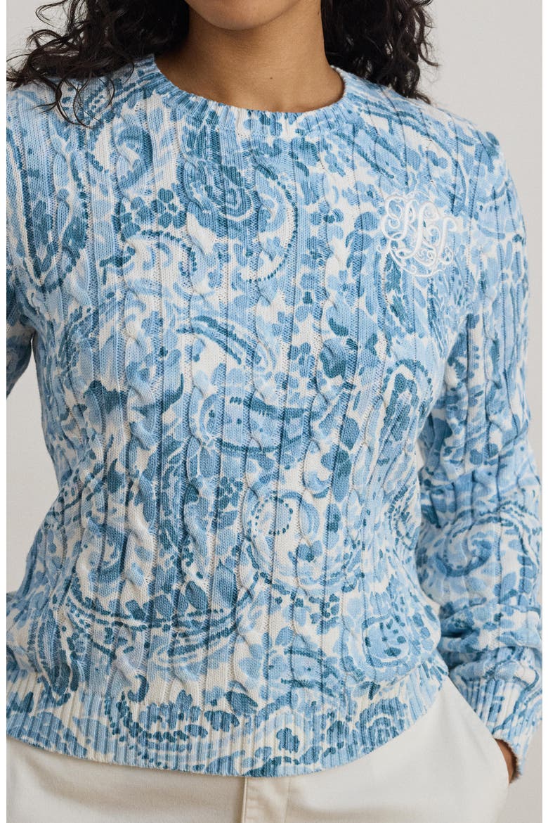 Paisley Cable Stitch Cotton Crewneck Sweater, Alternate, color, WHITE/ BLUE MULTI