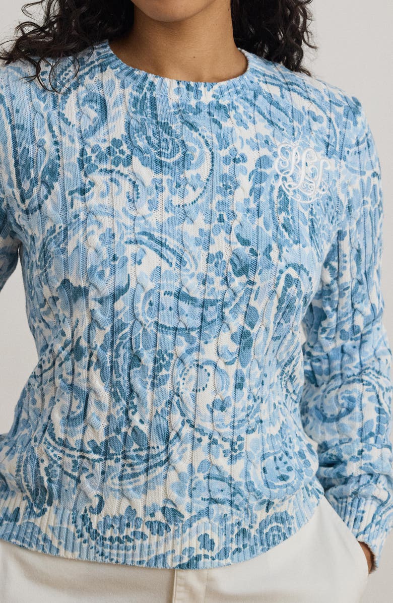 Lauren Ralph Lauren Paisley Cable Stitch Cotton Crewneck Sweater, Alternate, color, White/ Blue Multi