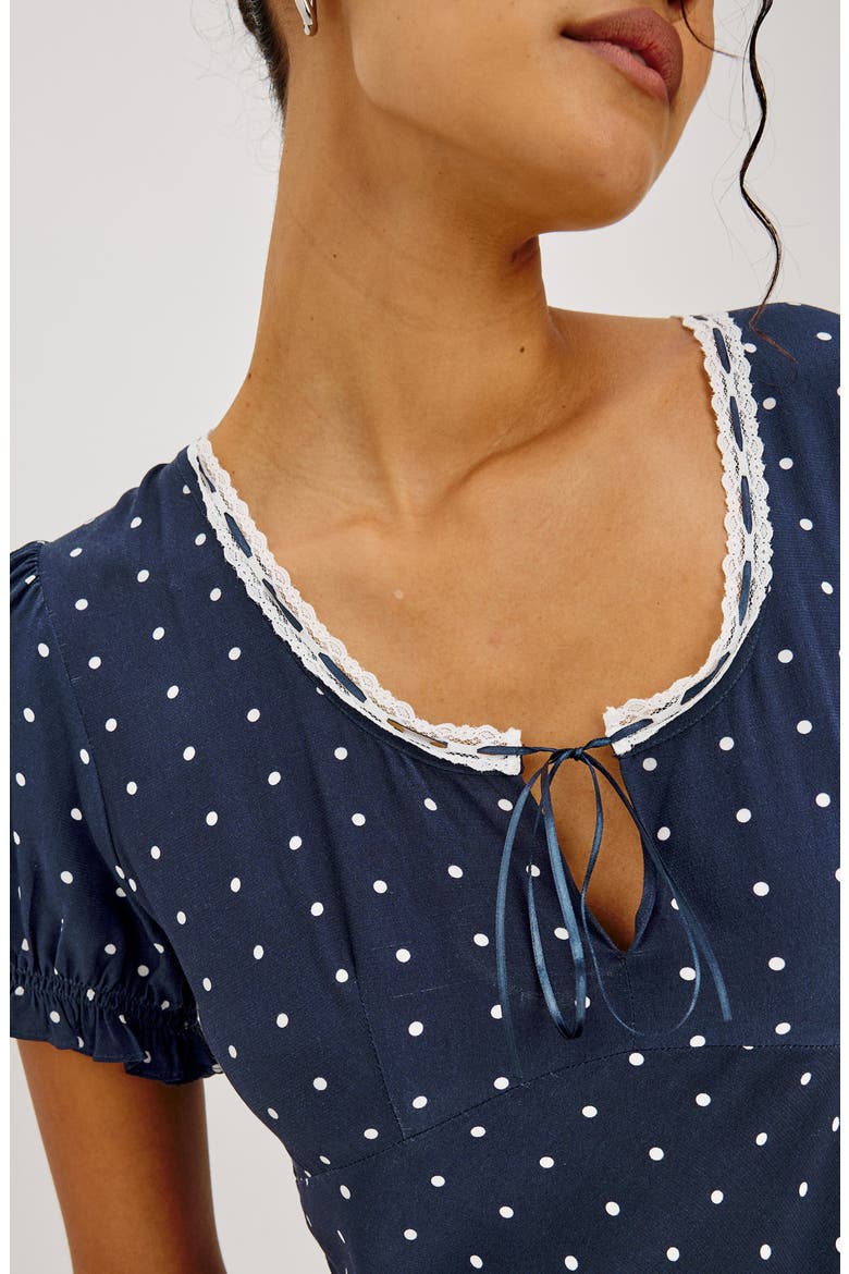 Allison Polka Dot Lace Trim Midi Dress, Alternate, color, NAVY POLKA DOTS