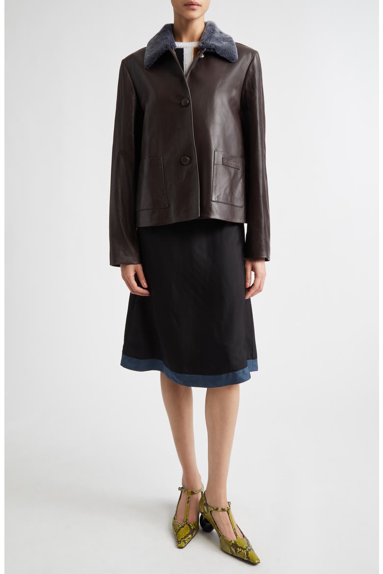 Leather Jacket with Genuine Shearling Collar, Alternate, color, CHOCOLATE