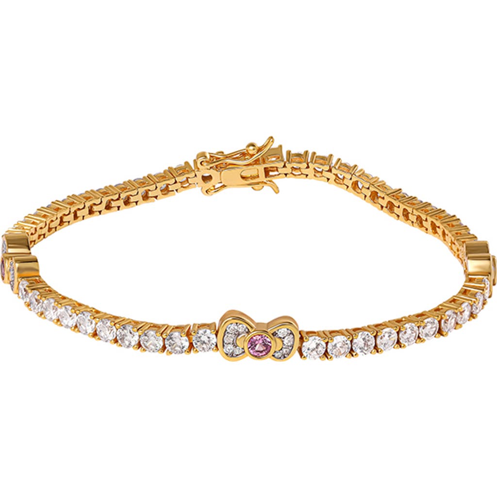 Hello Kitty White & Pink Sapphire Station Bracelet, 7.5" In Gold