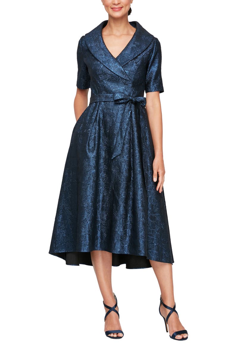Metallic Jacquard Portrait Collar Cocktail Midi Dress, Main, color, ROYAL