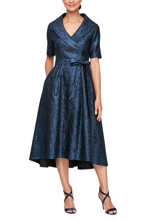 Metallic Jacquard Portrait Collar Cocktail Midi Dress