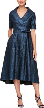 Alex Evenings Metallic Jacquard Portrait Collar Cocktail Midi Dress