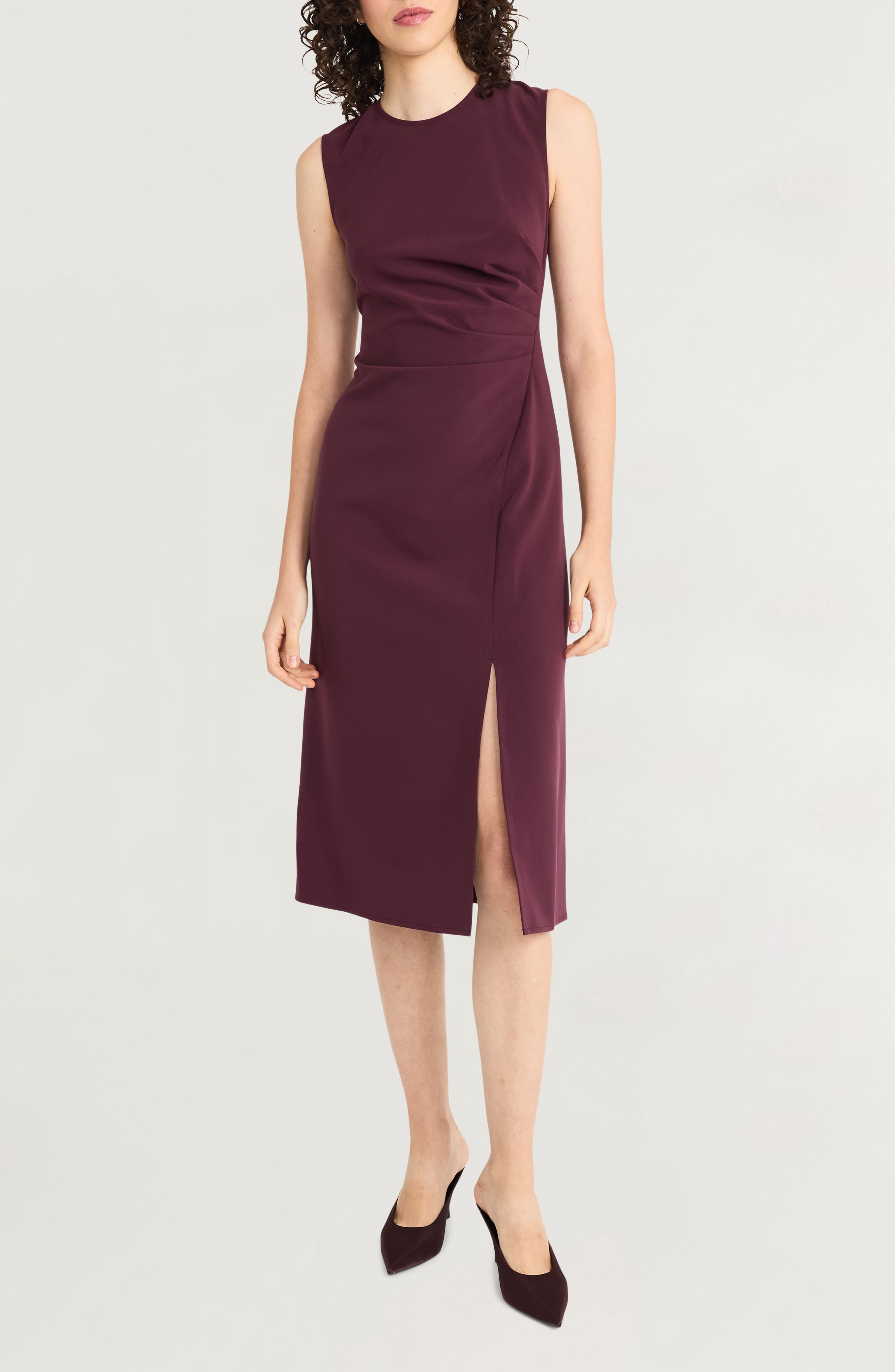 Luxely Pleated Sleeveless Dress in Wine Tasting 