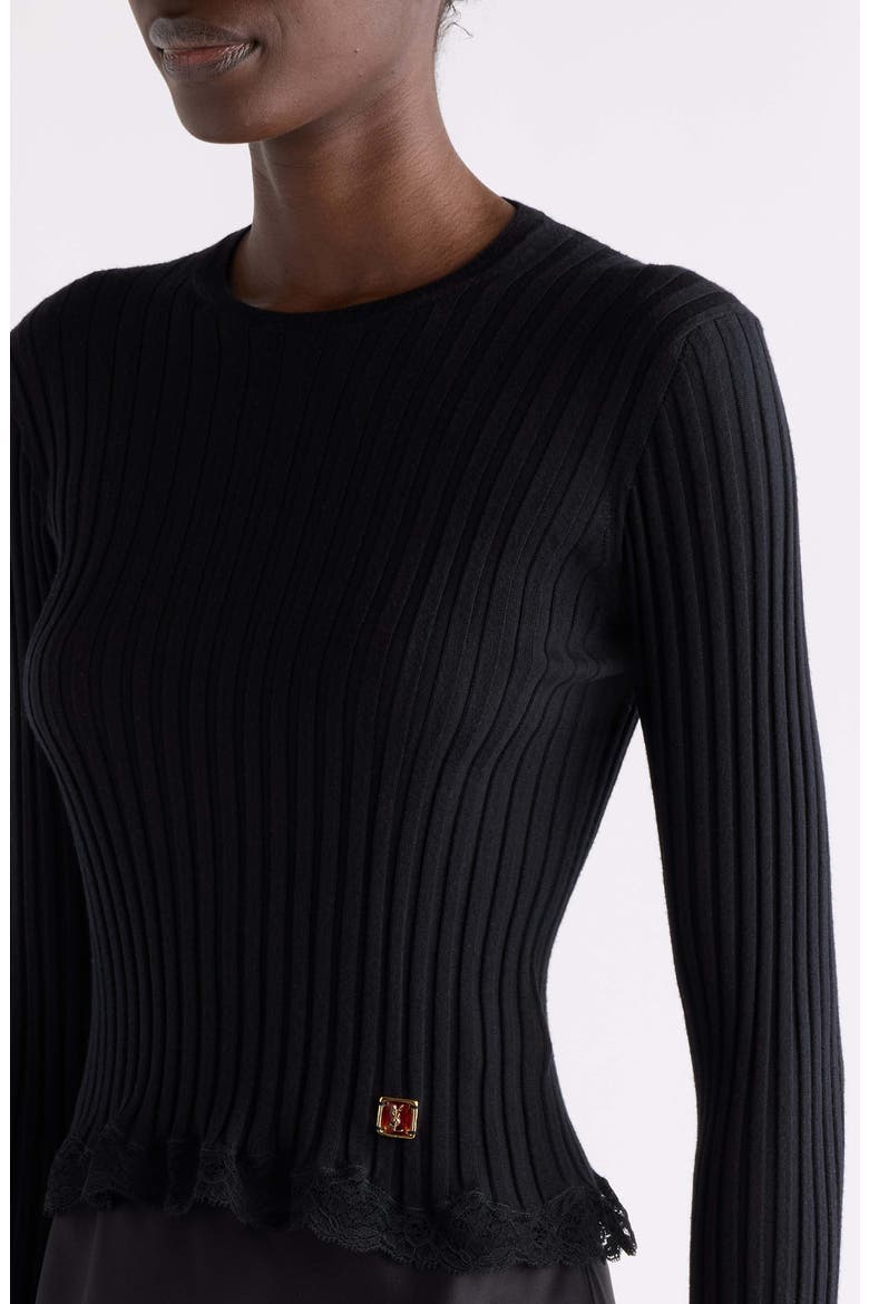 Cassandre Lace Trim Rib Wool, Cashmere & Silk Sweater, Alternate, color, NOIR