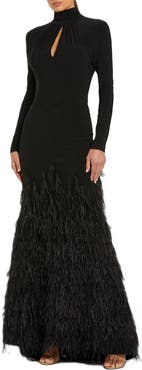 Mac Duggal Jersey Long Sleeve High Neck Feather Gown