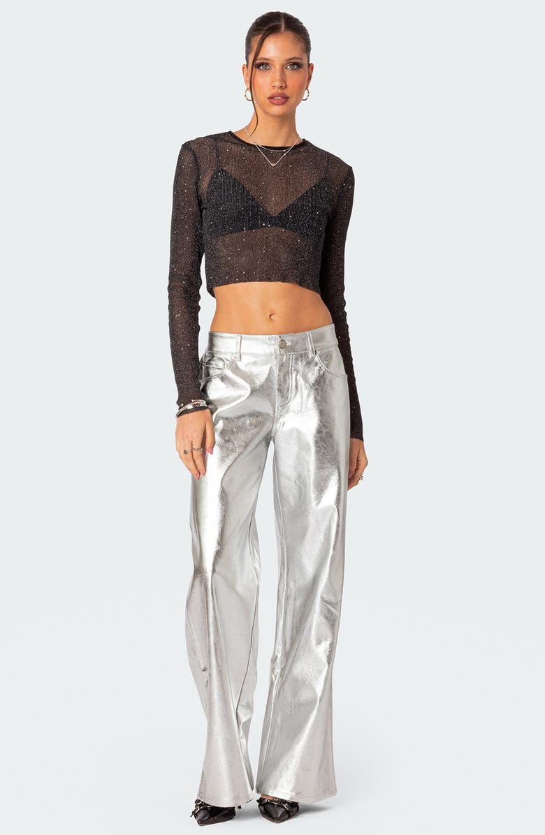 EDIKTED Marly Sequin Sheer Crop Top, Alternate, color, Black